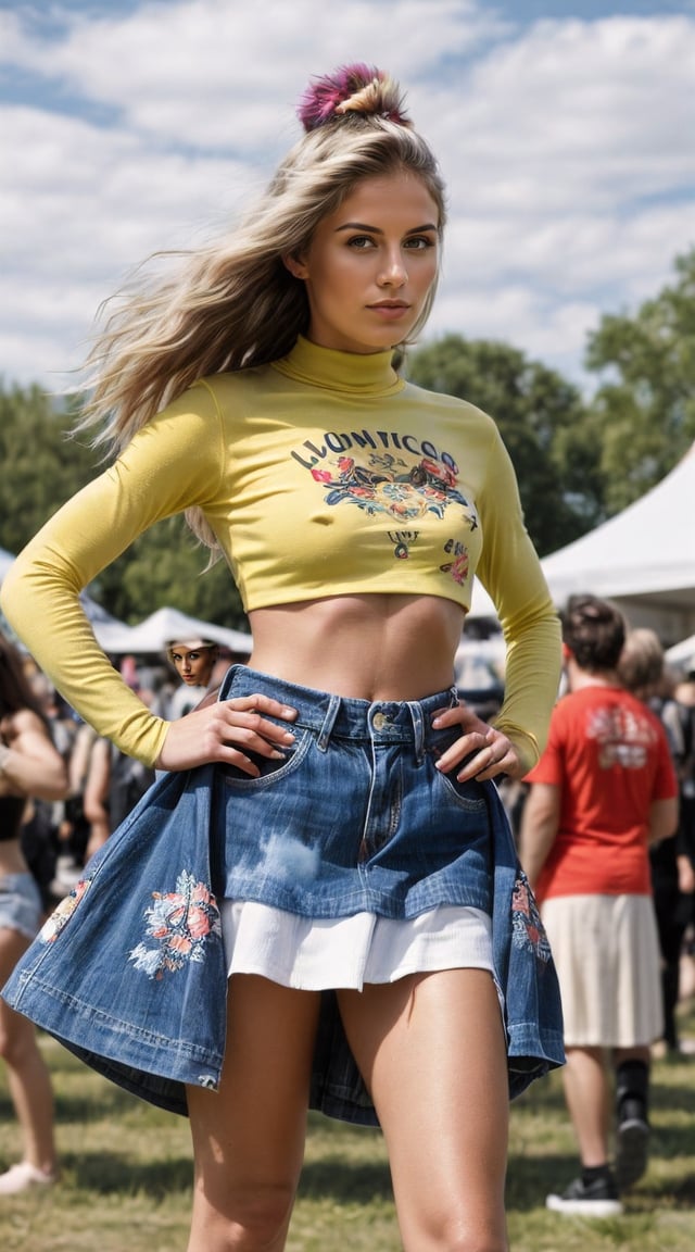 Woman in crop top, festival attire, DIY culture.