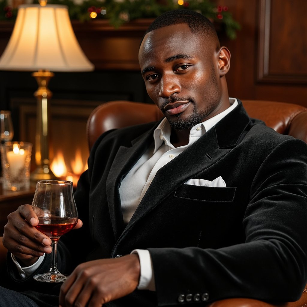Man seated in a leather armchair holding a crystal glass of cognac, face turned toward a faint light source. Hairstyle: short, side-swept with soft sheen; neatly trimmed beard. Attire: charcoal velvet dinner jacket, crisp white shirt, no tie. Fabric details: velvet reflection on lapel edges, fine cotton weave on shirt. Camera: close portrait, 105mm, f/2.0 for cinematic intimacy. Lighting: single warm lamp key, soft shadow falloff; golden tones on skin. Background: blurred mahogany panels, faint fireplace glow, subtle garland reflection. Pose: relaxed yet composed, faint half-smile.
Render: highly detailed, highly realistic, HDR; reflections in glass, skin warmth from light, fine texture detail.