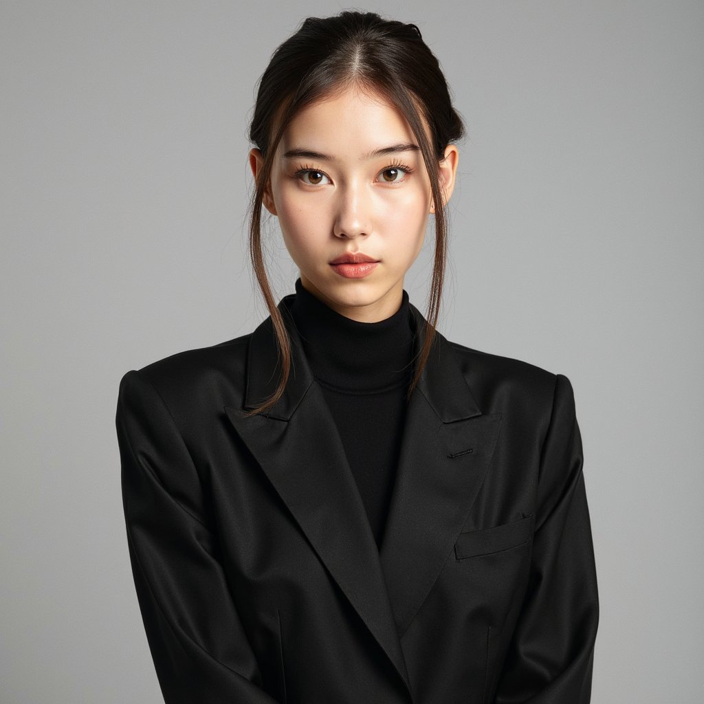A highly realistic passport photo of a young woman, framed in a waist-up shot. She wears a tailored black blazer with a high-collared blouse, emphasizing a clean, polished look. Her hair is styled in a simple, neat updo, with a few loose strands framing her face. The lighting is soft and even, with a slight light falloff at the edges to create depth. The background is a soft gray with a minimal blur, ensuring the subject remains the focal point. The image is captured at eye level, with the camera slightly to the left, capturing her from a slight angle while maintaining a neutral, professional expression. The fabric of her blouse and jacket are highly detailed, with subtle texture visible. The shot is HDR for perfect clarity, showcasing her detailed features and clothing.dil