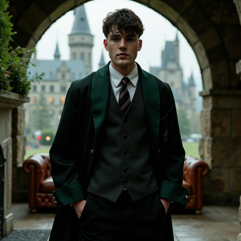 Three-quarter body shot of a teenage wizard with sharp jawline, slicked-back dark hair, pale skin tone with subtle pink undertones, wearing a deep emerald-lined robe with matte serpent embroidery barely catching the light. Under-robe: charcoal waistcoat with faint herringbone pattern, silver cufflinks glinting. Standing with one hand in pocket, chin tilted in quiet defiance. 50mm f/2.0, moody green ambient light from stained-glass windows and warm underglow from a low fireplace. Background: tufted leather sofa and stone arch with moss detailing, softly blurred to remove distraction.