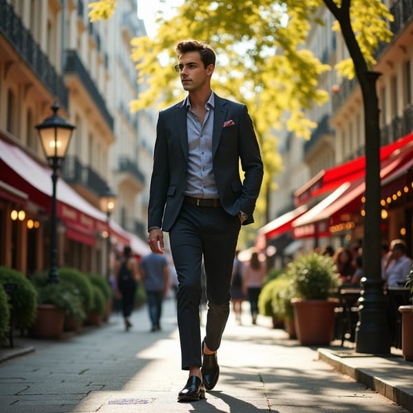 man in stylish, modern attire, wearing a fitted blazer and slim-fit trousers, walking down a charming Parisian street lined with historic buildings, quaint cafes, and ornate lampposts, surrounded by lush greenery and vibrant street performers, under the soft, warm glow of afternoon sunlight filtering through the leafy trees.