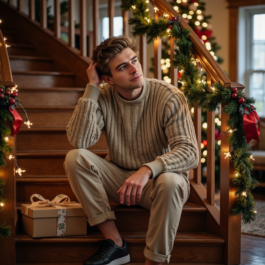 slightly high angle, close up of a man sitting on a wooden staircase decorated with simple christmas garland and subtle string lights along the railing. he wears a casual knit sweater with chinos, one elbow resting on a step behind him as he looks up toward the camera with a relaxed, thoughtful expression. a single opened gift box sits on a lower step, suggesting a quiet break during festivities. the lights along the railing create soft, warm reflections on the wood and gentle highlights in his hair, while the background fades into soft shadow to keep focus on him. the palette stays warm and inviting with just a faint suggestion of cooler tones from a distant window or hallway. cinematic staircase framing, ultra-detailed textures in wood, fabric, and skin, highly realistic, hdr.