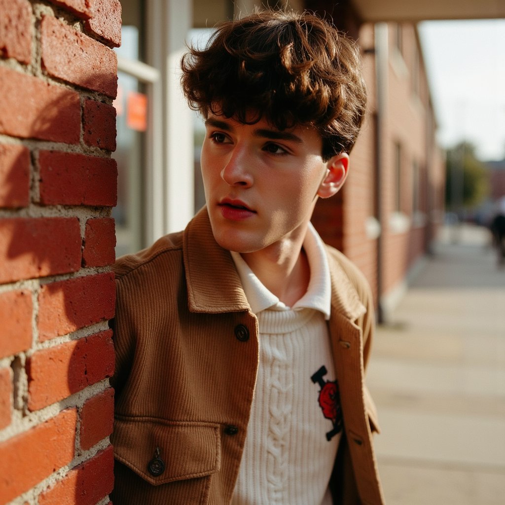 1960s high school student leaning against a red brick wall, shot from mid-thigh up with a 70mm lens. He wears a camel-colored corduroy jacket with visible wale texture and slight wear at the cuffs, layered over a cream cable-knit sweater and white collared shirt. The sweater’s knit loops are highly detailed, with fine wool fuzz visible in HDR clarity. His dark hair is styled in a neat side part with soft waves, individual strands catching sunlight. Expression is thoughtful, lips gently closed, gaze angled off-frame. His skin tone is warm with a faint tan line at the forehead. Afternoon sunlight casts strong side shadows along the brick texture, while the far background is blurred to creamy bokeh, showing only vague hints of a schoolyard.