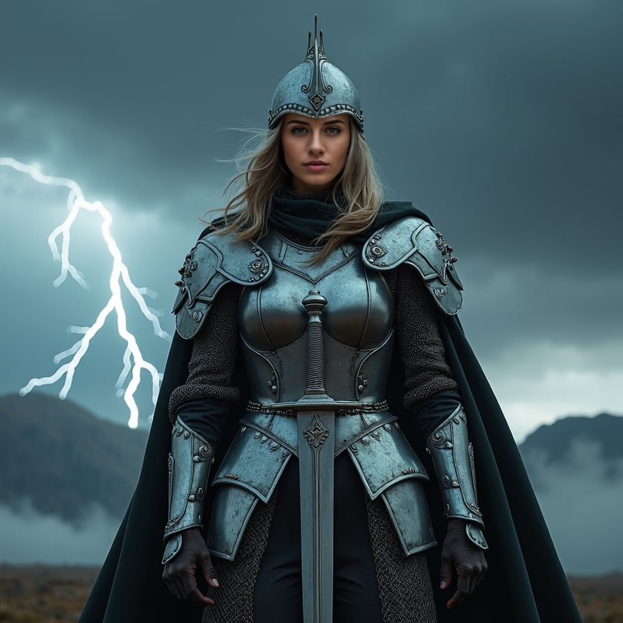 woman in medieval armor, silver-chainmail and leather, wielding a double-edged sword with a fierce grip, standing in a powerful contrapposto stance, her helmet adorned with a crest, against a dark, ominous stormy sky with intense lightning and thunderclouds, lit by a dramatic flash of lightning.