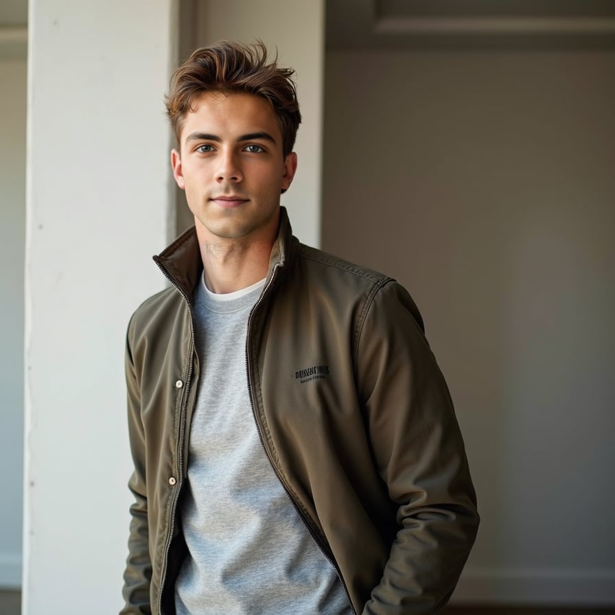 man optimized for a modern dating profile. The setting is clean and minimal, with soft, flattering lighting. He is wearing smart-casual attire, and his expression is confident yet approachable, perfect for making a memorable first impression