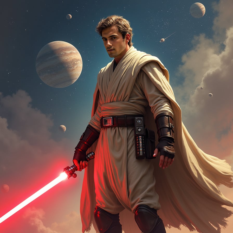 hero in iconic Star Wars attire, holding a lightsaber, standing confidently in a dramatic pose against a backdrop of stars and planets, with a sense of determination and courage