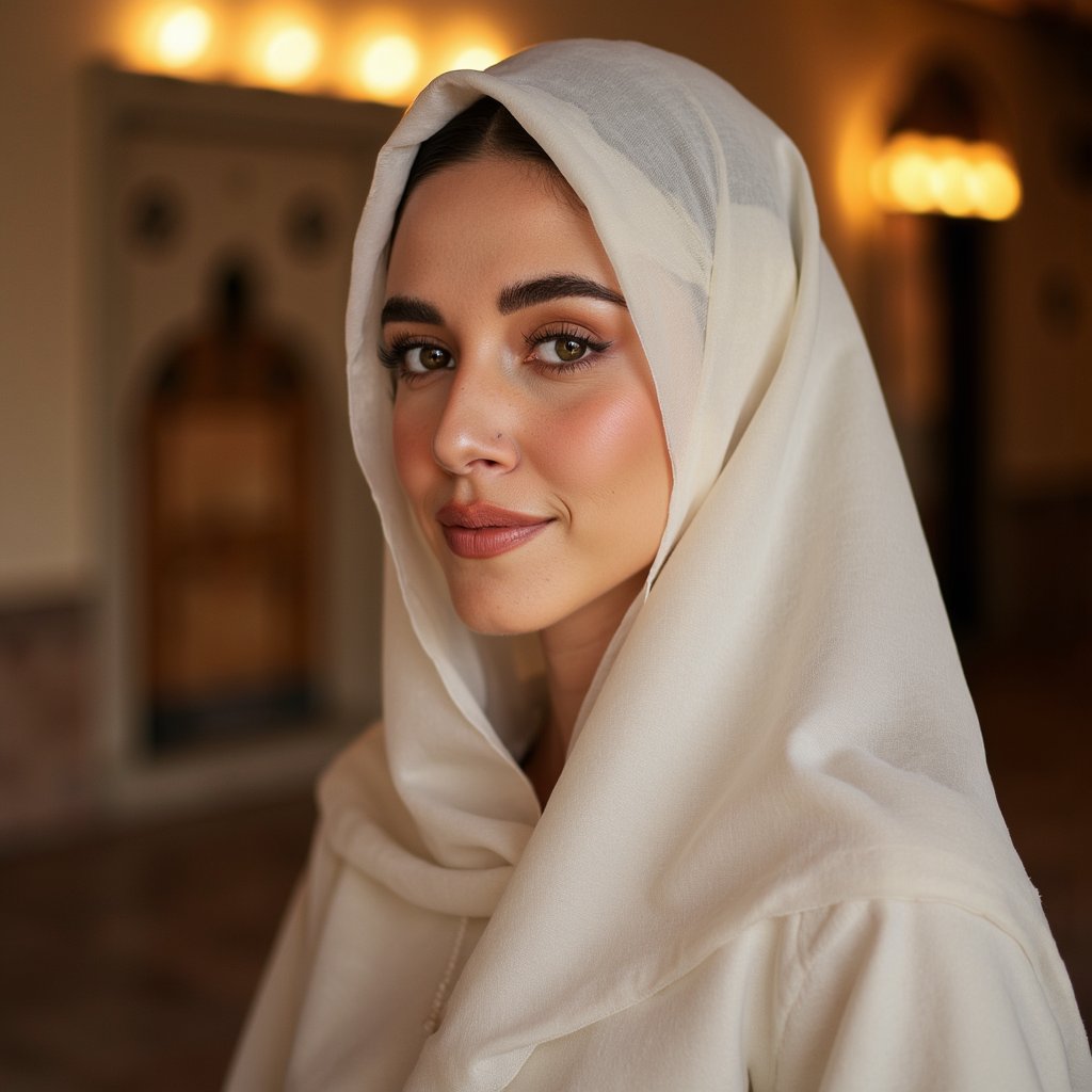 Editorial-style portrait of a woman facing camera in formal modest attire, backdrop with soft bokeh lights, conveying warmth and grace for Mawlid celebration