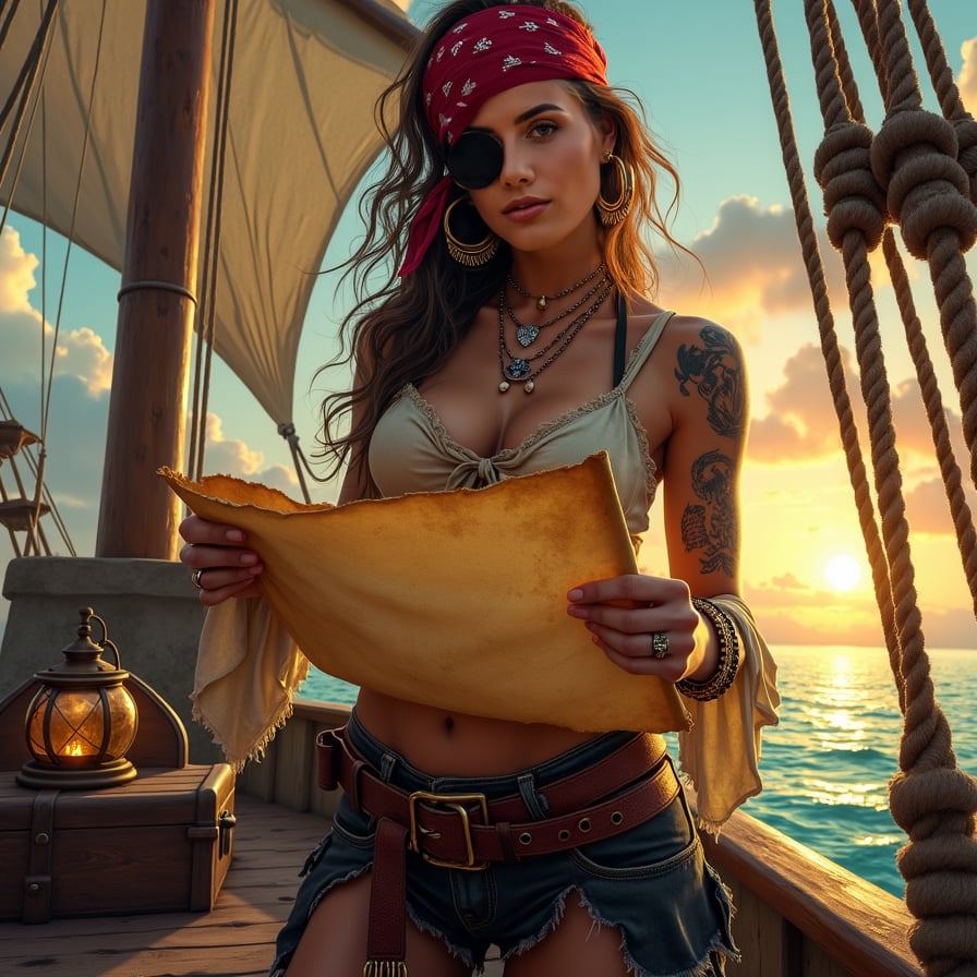 woman in pirate attire, holding a worn, yellowed treasure map, standing at the bow of a rustic, weathered pirate ship, surrounded by billowing sails and ropes, with a worn, leather-bound chest and a lantern nearby, under the warm, golden light of a tropical sunset.