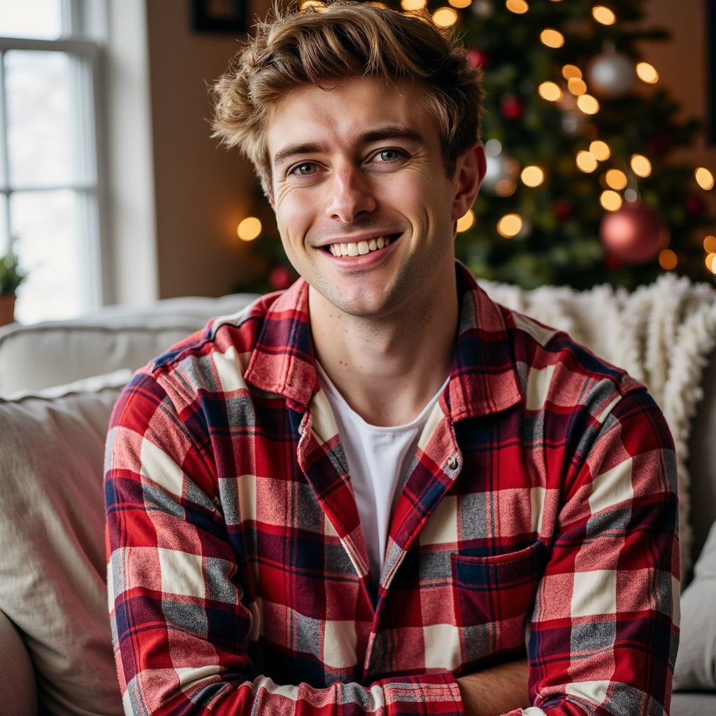 Headshot of a man seated on a sofa wrapped in a red-and-cream plaid pajama top, fabric soft and brushed with visible weave. He faces the camera directly, giving a warm relaxed expression with a slight closed-lip smile. Hair: short sides, slightly tousled top; light stubble. Lighting: warm morning window light from camera-left, with a soft fill to the right; gentle gradient shadows under jawline for depth. Background: blurred Christmas tree lights, a neutral-toned throw blanket, and a single ornament in soft bokeh; minimal clutter. Camera: 100mm macro portrait, f/2.8; highly realistic, highly detailed, HDR, especially eyes, beard texture, and plaid pattern.