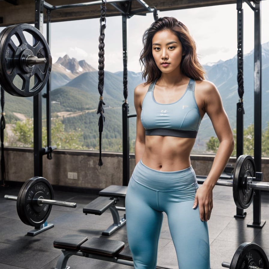 girl in fitted red athletic dress, intensely working out amidst breathtaking mountain scenery, under a bright and warm sunny lighting.
