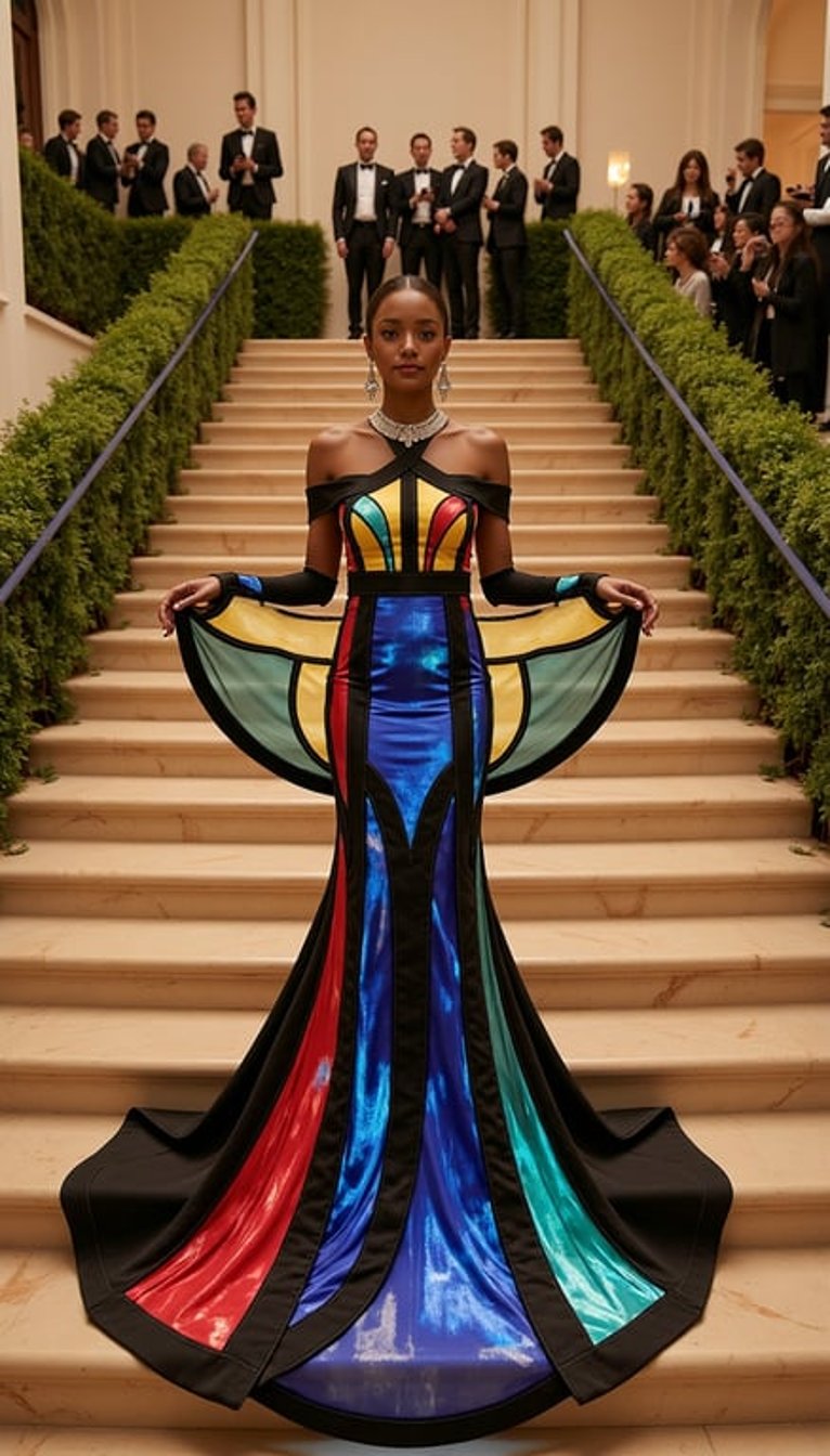 Background: actual 2026 Met Gala setting at the Metropolitan Museum of Art, grand stone steps, tan stone-garden carpet with moss-green patches, wisteria framing, warm evening gala lighting.
Model: fictional model wearing stained-glass-inspired couture, translucent jewel-toned panels, black leading-line seams, cathedral-window cape, glowing crystal collar; standing with arms open so the cape catches the light.
Camera: low-angle full-body shot, luminous backlit fashion editorial.
