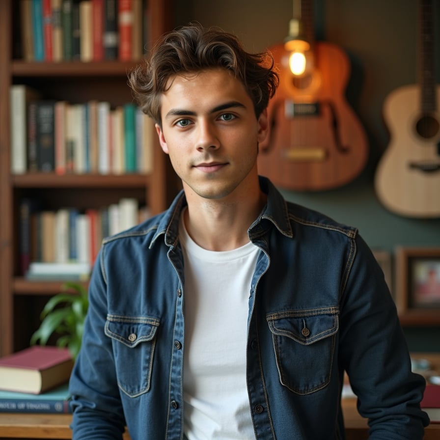 man that reflects his unique personality. He could be in a cozy indoor space with books or a guitar in the background, wearing a casual t-shirt or sweater. His expression is relaxed and genuine, conveying authenticity and charm