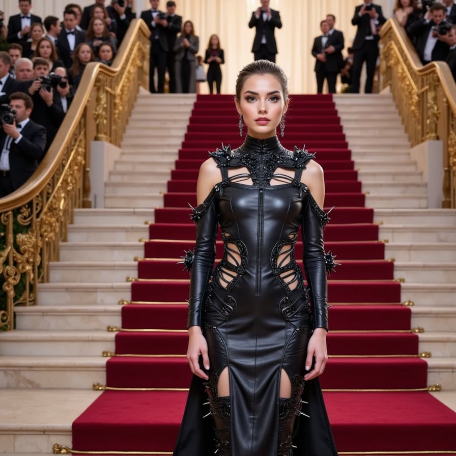 A dystopian Met Gala look: structured leather exoskeleton bodice, neon underlights, sharp shoulder spikes, and slicked-back chrome hair.
