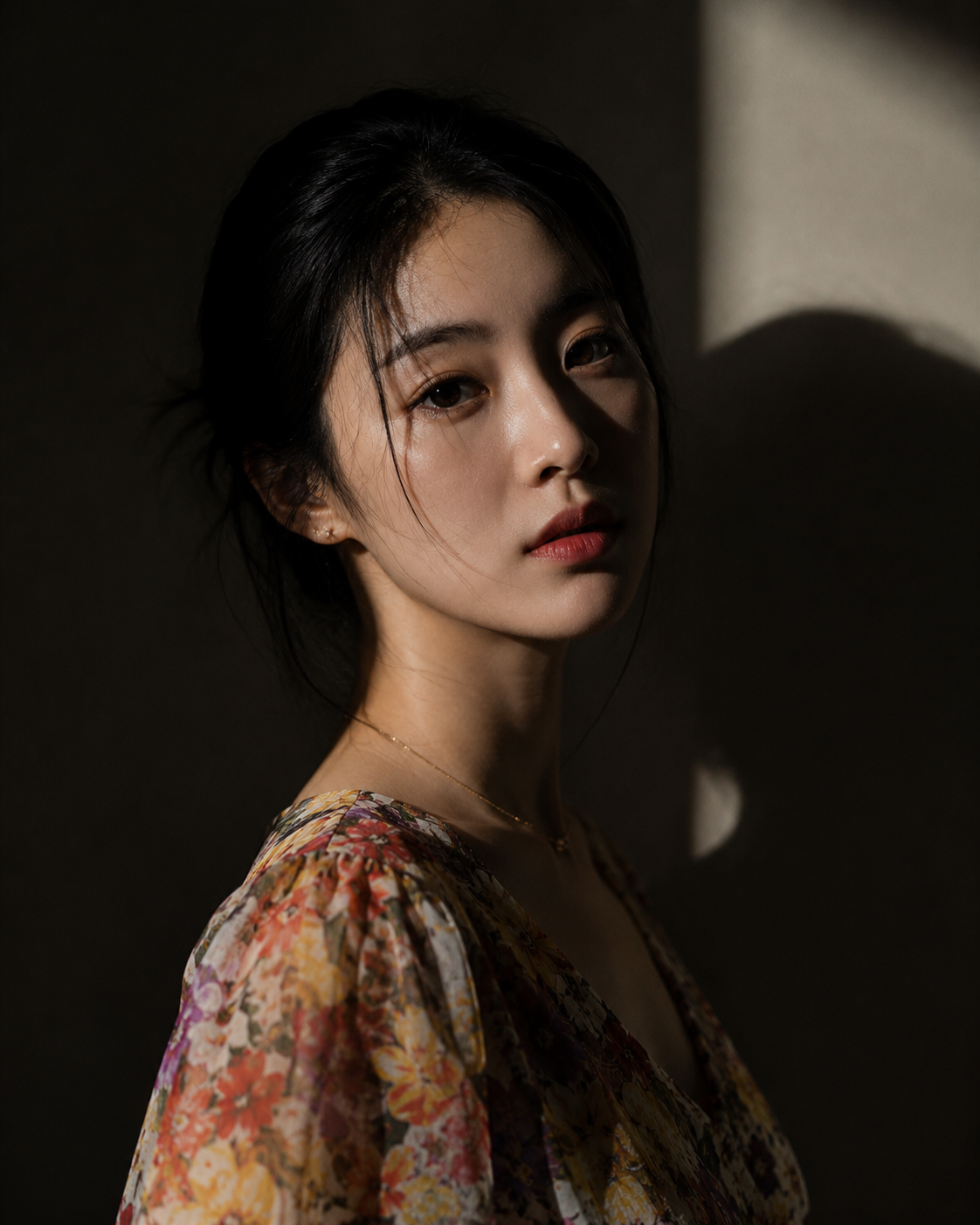 Close-up female portrait with Rembrandt lighting, single key light high at 45 degrees to the right, triangle of light on left cheekbone, painterly old master quality