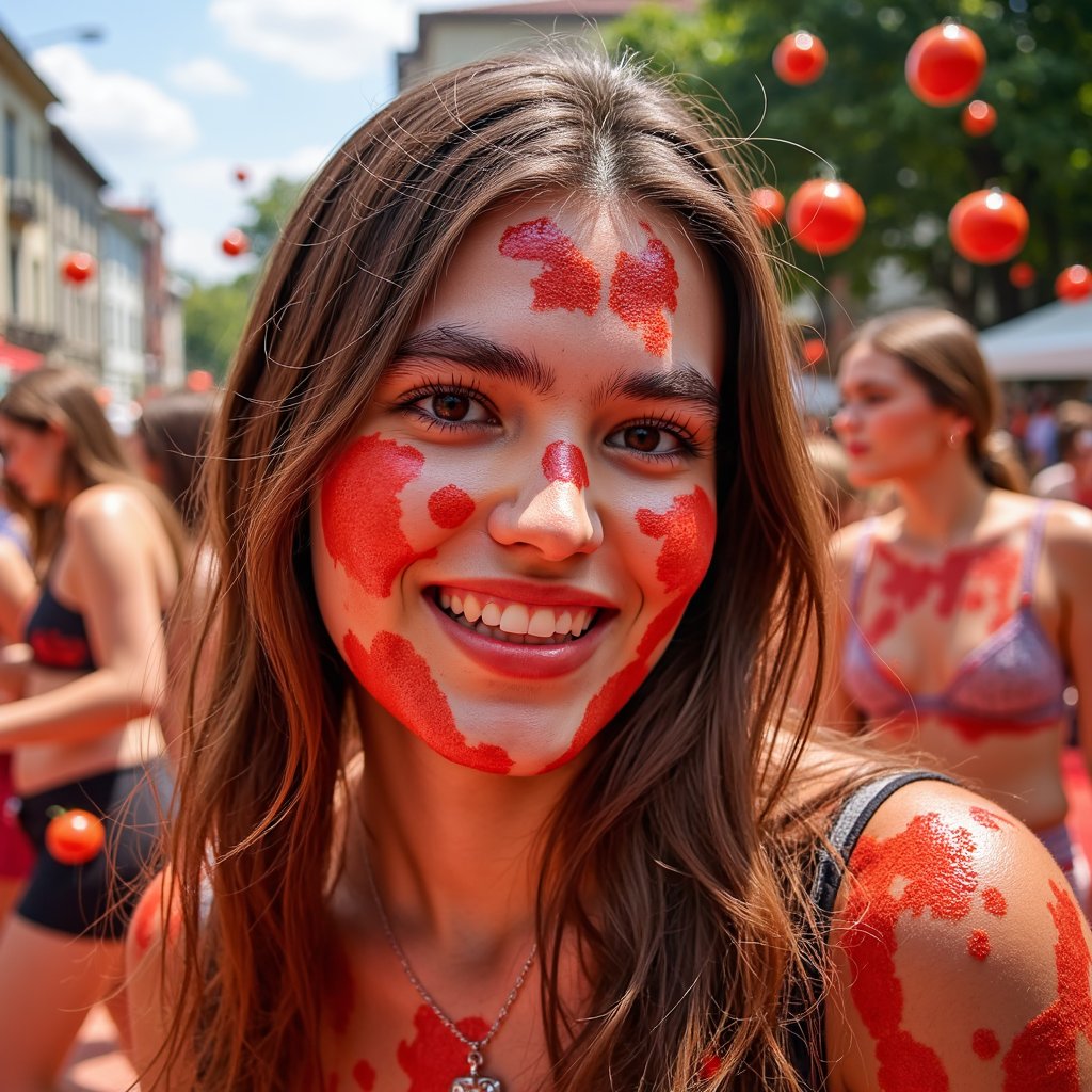 Candid headshot of a young festival-goer surrounded by flying tomato pieces, red juice mist in the air, wet hair slicked back, captured mid-chaos