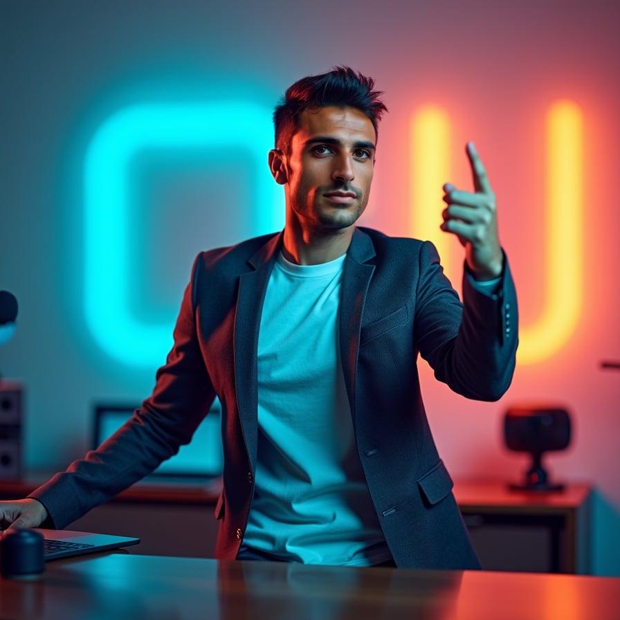 man with a focused and engaging expression. He is pointing to the side or holding a prop relevant to his content (e.g., a microphone or laptop). The background is a vibrant color gradient, designed to match bold text overlays