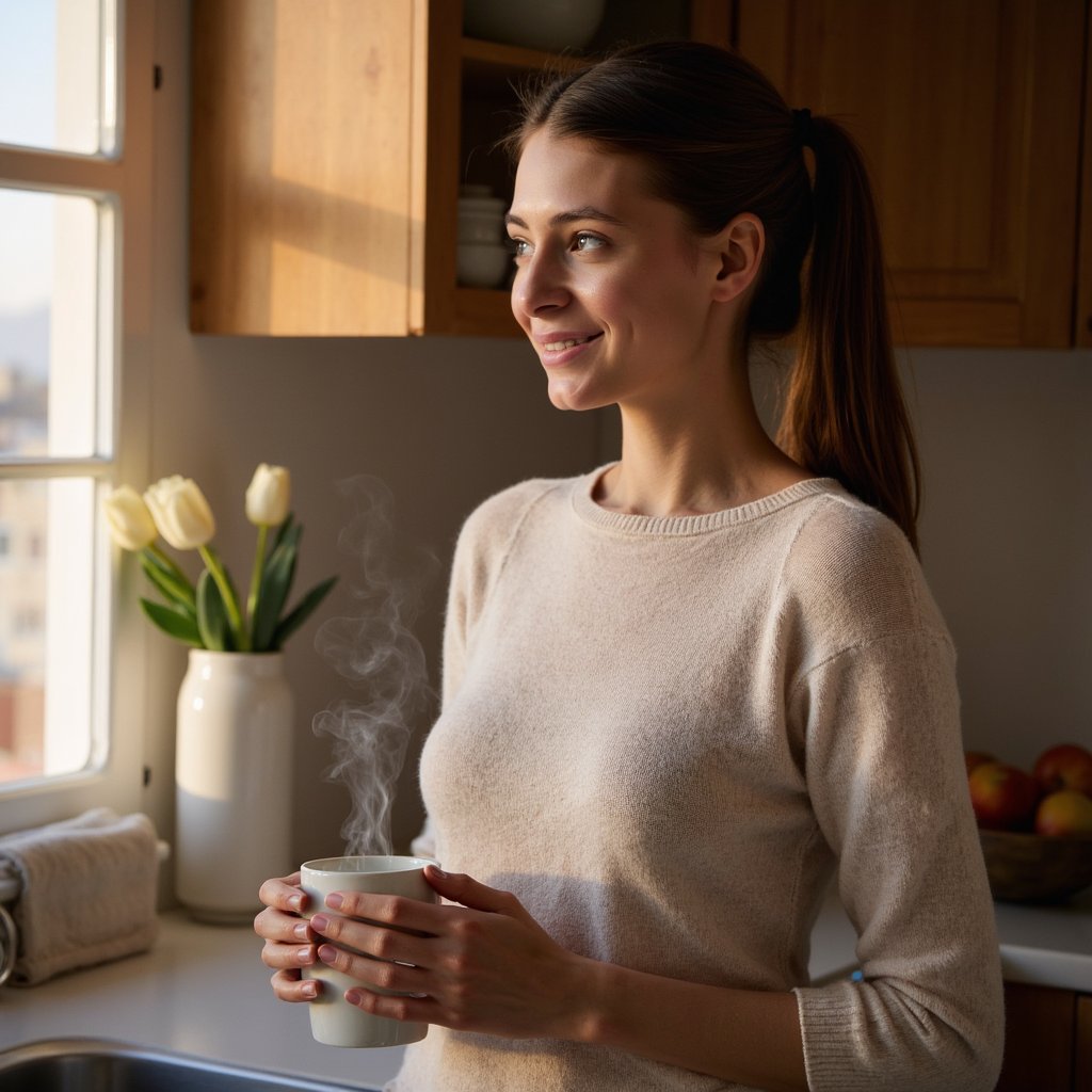 Highly detailed, highly realistic, hyperrealistic HDR image of a woman (female, ~33 yrs) standing waist-up in a cozy kitchen illuminated by soft early-morning light. She wears a light oatmeal sweater with subtle rib texture and rolled sleeves. Her hair is tied in a loose ponytail with natural flyaways catching light. Camera positioned slightly above eye level (~15° down), capturing her serene half-smile as she looks toward the window. Gentle steam from a mug she’s loosely holding adds atmosphere. Background blurred — faint wooden counter, bowl of apples, linen towel in muted tones. Lighting diffused and warm, shadows soft. Visible skin pores, sweater fibers, and condensation on the mug. HDR, high resolution, high quality, highly detailed, photorealistic.