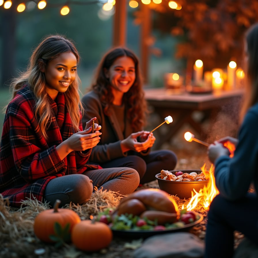 A woman bundled up in a plaid blanket, sitting by a bonfire with friends and family around her. She’s laughing and holding a marshmallow stick, while others roast marshmallows and sip warm drinks. The cool night air is filled with laughter, and string lights hang overhead, illuminating the scene with a cozy, autumnal glow. Pumpkins and hay bales add to the rustic setting