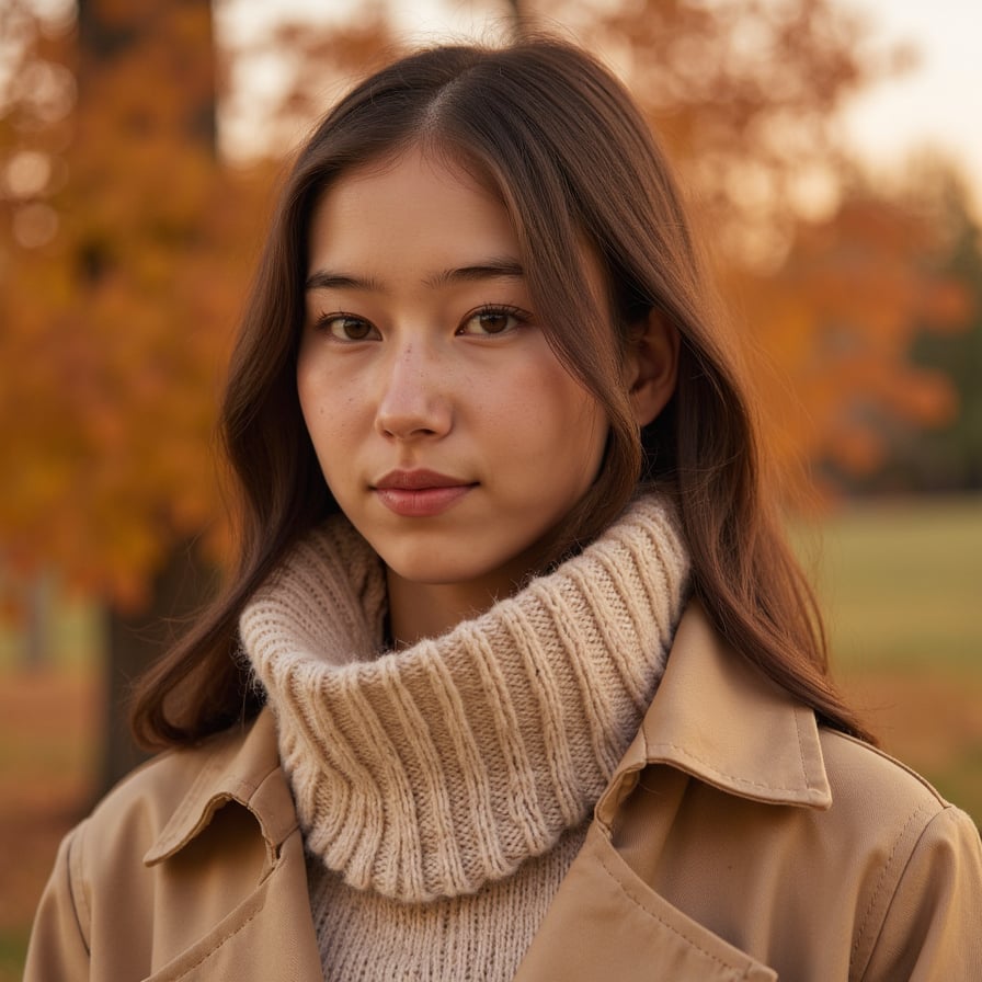 Highly detailed, highly realistic, hyperrealistic HDR close-up portrait of a woman (female, ~27 yrs) standing outdoors during late afternoon golden hour. Camera head-and-shoulders, focus tight on face, background blurred into soft amber foliage. She wears a light tan trench coat with collar folded open and a cream knit scarf wrapped loosely around her neck. Her hair is chestnut brown, soft waves catching the sun. The light creates warm rim highlights and soft bokeh flares around her silhouette. Skin texture visible with faint freckles and rosy undertones. Expression calm, gentle smile. Background purely color field of gold and rust tones — no clutter. HDR, high resolution, high quality, highly detailed, photorealistic.