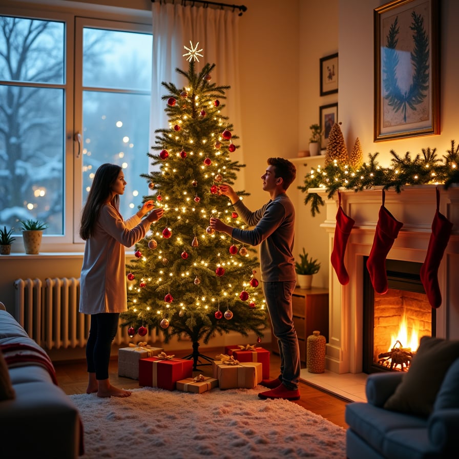 A cozy living room scene featuring a family decorating a Christmas tree with ornaments, lights, and garlands. The tree is partially adorned, and the atmosphere is warm with glowing fairy lights, holiday stockings on the mantle, and a soft snowfall visible through the window.