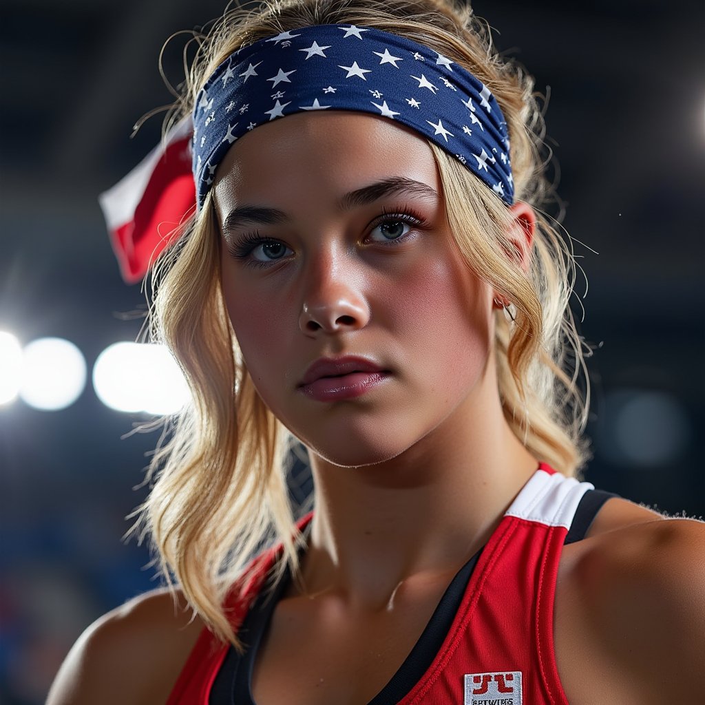 Close-up headshot of a determined athlete wearing a national flag bandana, sharp jawline and intense eyes, dark background with rim light outlining face