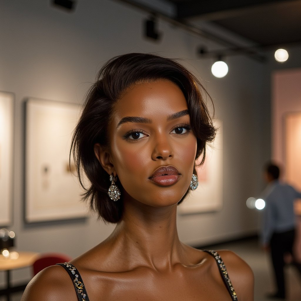 woman in an elegant, contemporary look, photographed in a scene that celebrates visual storytelling and creative expression. A vintage camera is placed as a creative prop. The background is softly blurred with gallery-inspired elements and artistic lighting accents. Studio lighting enhances her facial features with sculpted shadows and soft gradients. Her expression radiates quiet confidence and artistic energy. Hyper-detailed, HDR quality, sharp focus.