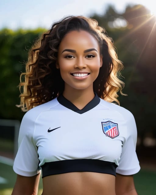 Athletic woman playing soccer, dynamic pose, sunlit field.