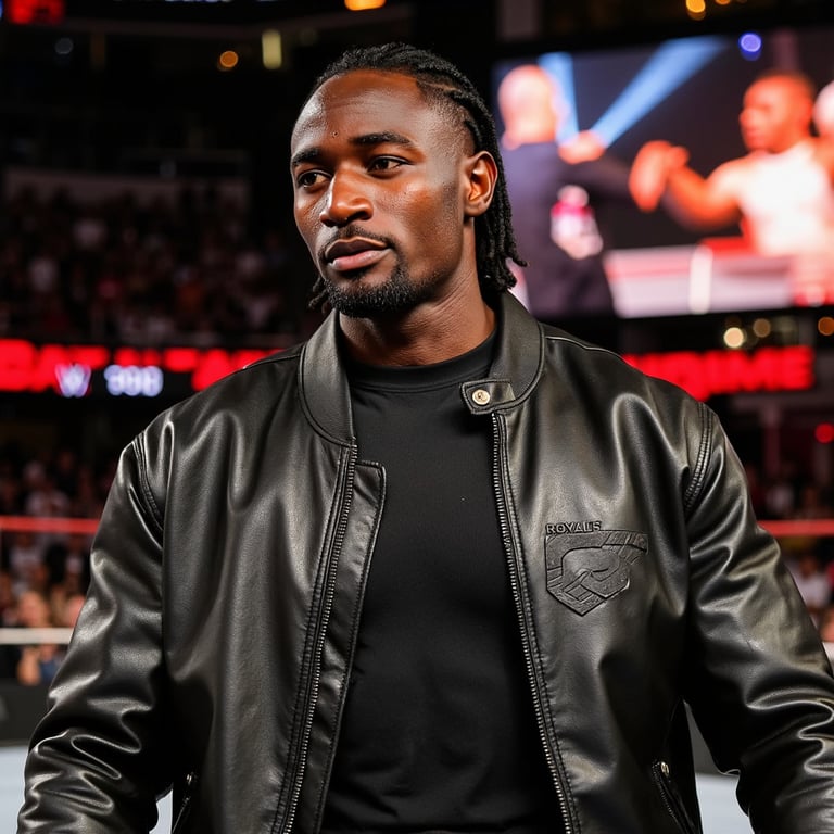 A hyper-realistic WWE Royal Rumble entrance close-up of a male wrestler (late 20