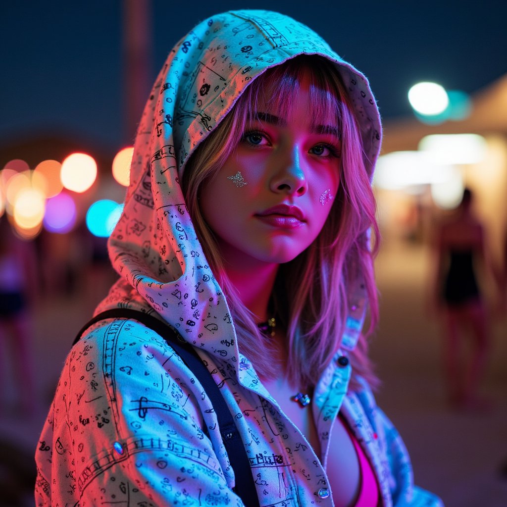 Headshot of a serene woman bathed in neon light, wearing a metallic hood and tribal markings, desert night ambiance, captured at Burning Man 2025