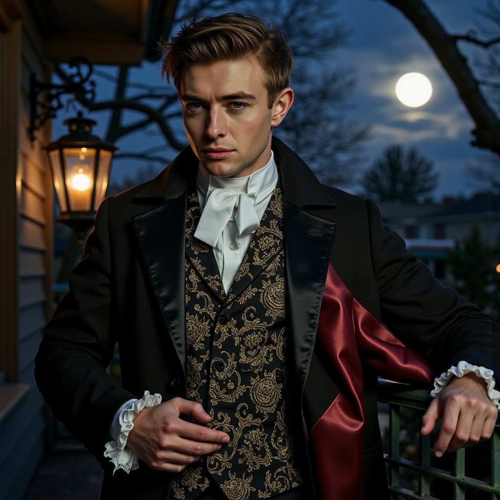 Mid-shot from a slightly low camera angle (50 mm, f/2, ISO 320, 1/160 s), framed so the horizon is below his shoulder line. The main key light is cold moonlight striking from the front-right at a 45° elevation, creating a sharp highlight along the cheekbone and casting a shadow from his nose diagonally toward his ear. A small practical lantern behind him acts as a rim light, catching the edges of his satin cape and illuminating the crimson lining. Slicked-back dark hair reflects the cool key light, while pale powdered skin reveals faint veins at the temple. He wears a black brocade waistcoat with a baroque floral pattern and a stiff pleated cotton shirt. Hand rests naturally on an iron balcony rail, the oxidized green patina rendered sharply thanks to the mid-depth of field — his torso and the railing are in focus, but the full moon and treetop mist behind are softly blurred. Highly detailed, highly realistic, HDR.