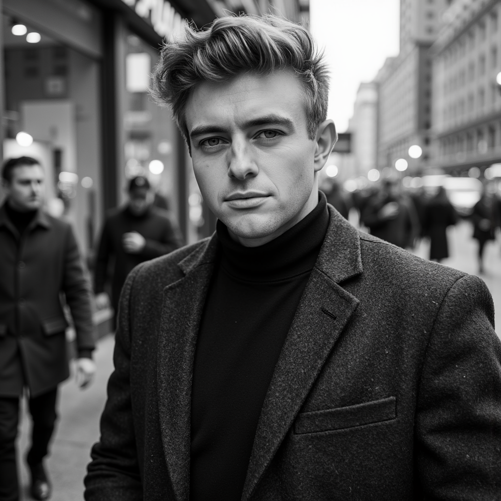 A man (male) close headshot in monochrome grayscale, evoking luxury fashion camp