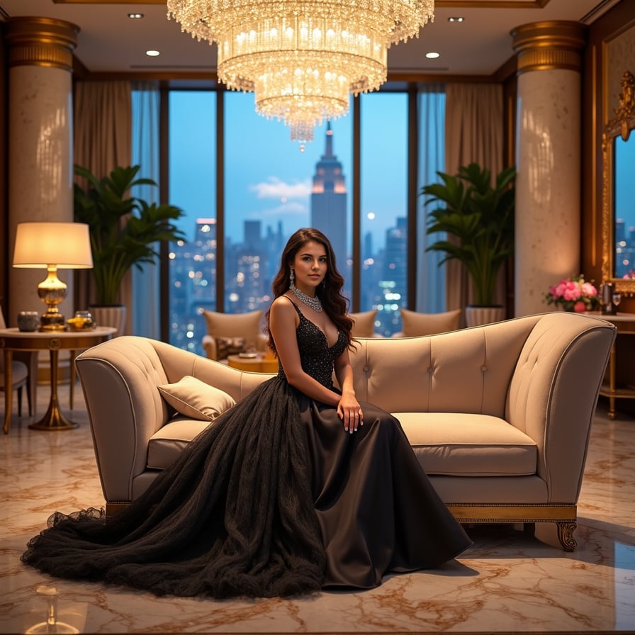 woman wearing luxurious evening gown, glamorous makeup, and sparkling jewelry, posing confidently in a lavish party setting with upscale decorations and city skyline views in the background, capturing the essence of sophistication and glamour for a stunning social media post.