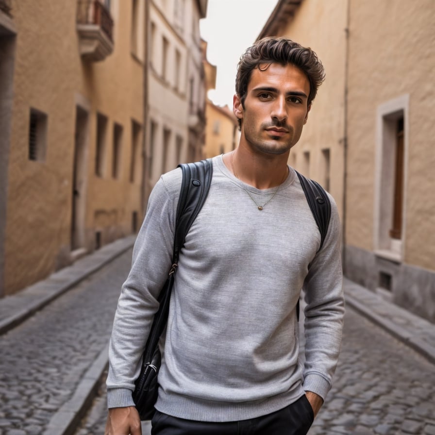 Trendy man in sunglasses, exploring scenic European streets.