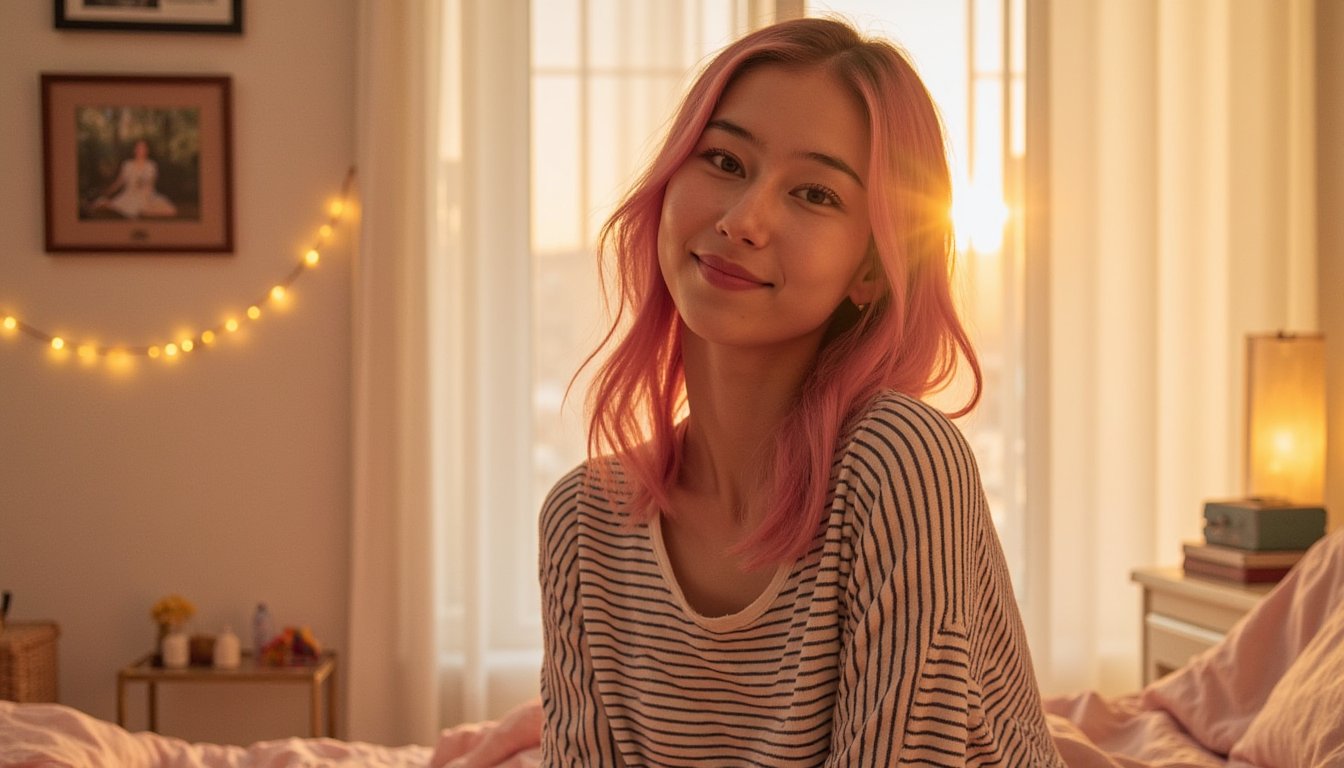 A young woman with wavy pastel pink hair, smiling warmly with dimples, wearing a casual striped top. She is bathed in soft golden sunlight coming through a window behind her, creating a dreamy glow around her hair. The background is a cozy, softly lit bedroom with fairy lights and framed art on the wall. The atmosphere is intimate and warm, capturing a golden hour moment with a cinematic, realistic style.