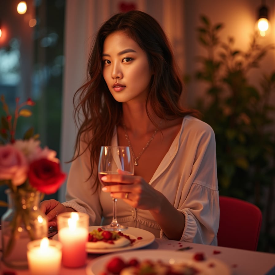 A model enjoying a romantic dinner with candles and soft lighting, set in a warm, Valentine's-themed atmosphere.