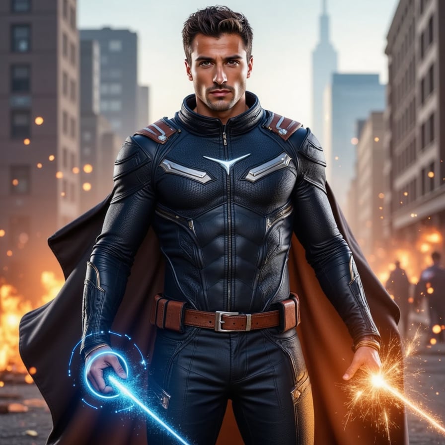 Heroic New Avenger male, wielding a glowing energy weapon, torn cape flowing in the wind, surrounded by chaos and fire, intense expression, ultra-detailed, hyperrealistic 8K render