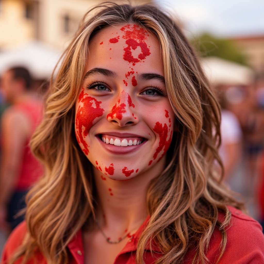 Portrait of a woman holding a crushed tomato up to the camera, cheek stained with pulp, smiling boldly, colorful La Tomatina energy