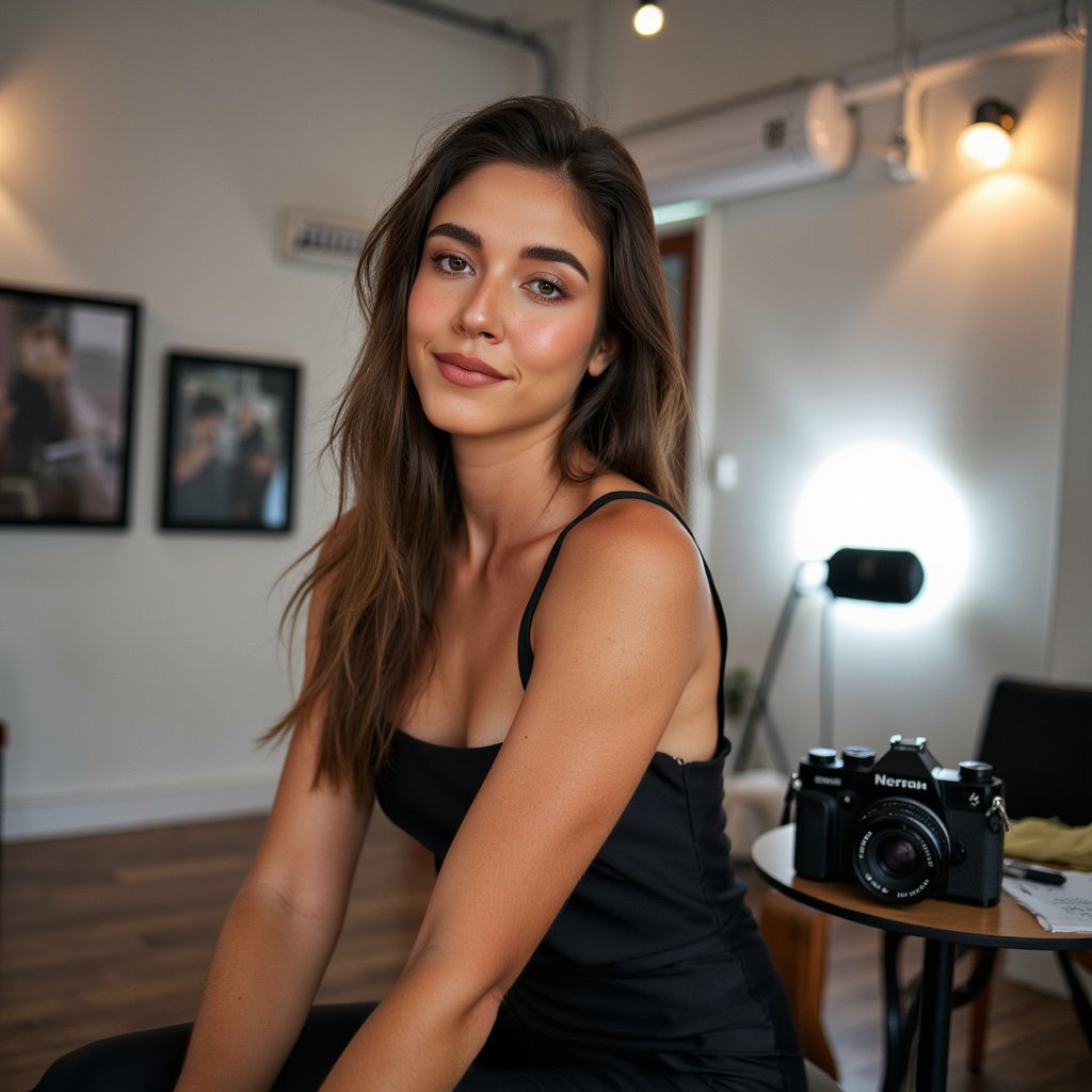 woman in an elegant, contemporary look, photographed in a scene that celebrates visual storytelling and creative expression. A vintage camera is placed as a creative prop. The background is softly blurred with gallery-inspired elements and artistic lighting accents. Studio lighting enhances her facial features with sculpted shadows and soft gradients. Her expression radiates quiet confidence and artistic energy. Hyper-detailed, HDR quality, sharp focus.
