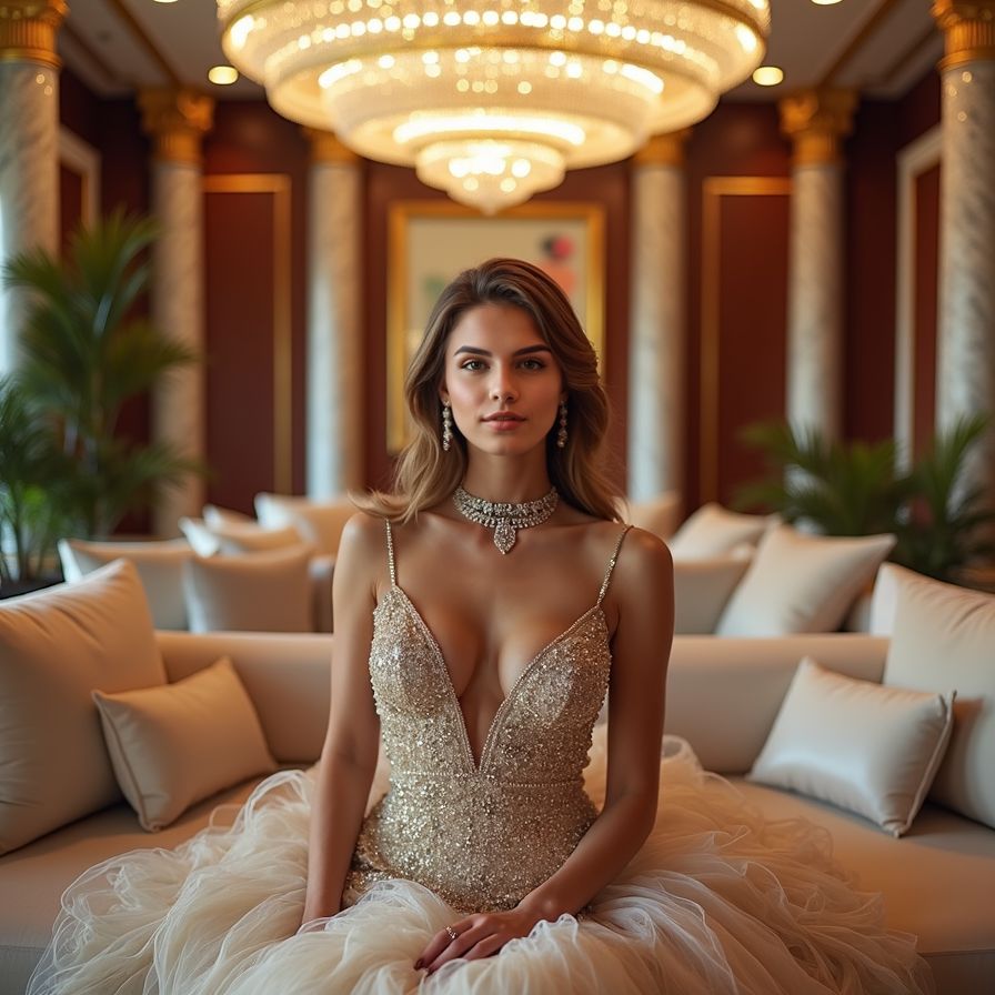 woman in luxurious evening gown, adorned with statement jewelry, radiating glamo