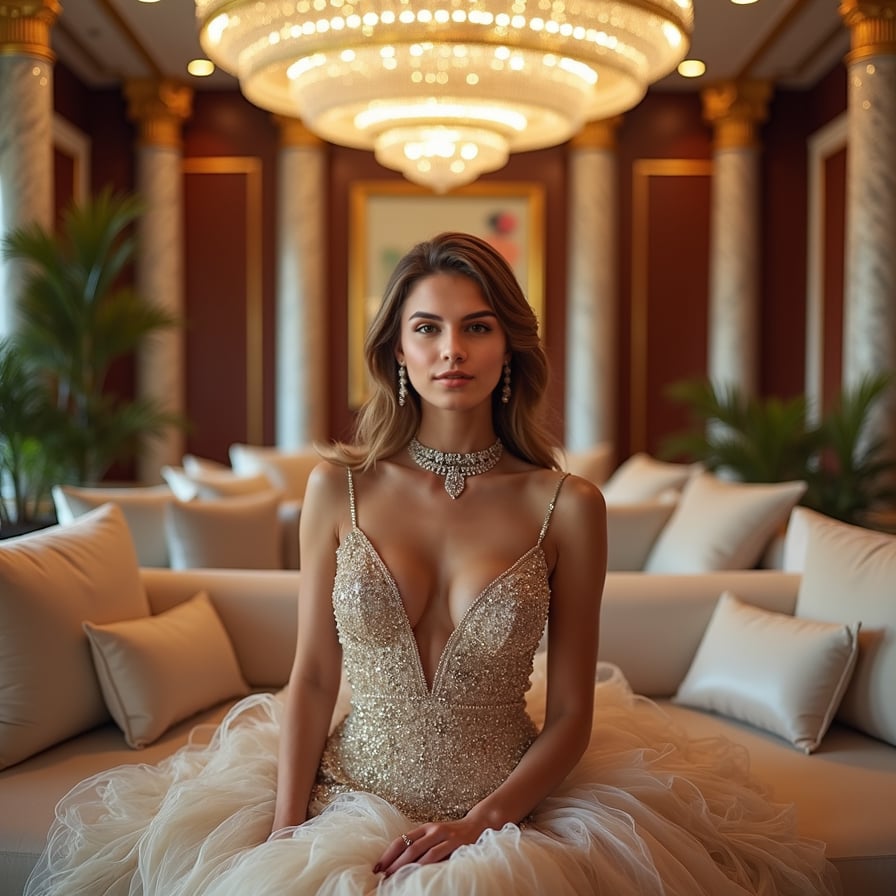 woman in luxurious evening gown, adorned with statement jewelry, radiating glamour under the lavish chandeliers and opulent decorations of a high-end party venue.