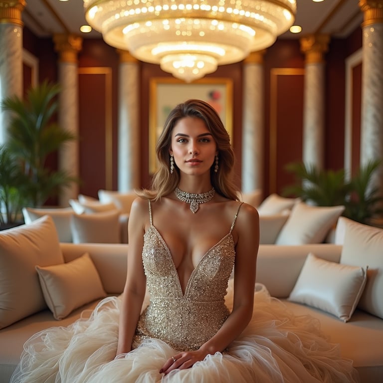 woman in luxurious evening gown, adorned with statement jewelry, radiating glamo