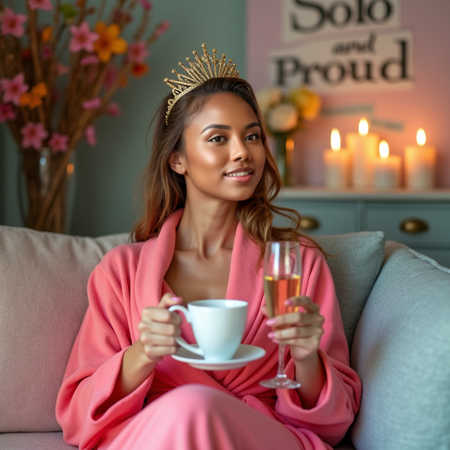Capture a relaxed moment in a robe with a face mask on, holding a cup of tea or 