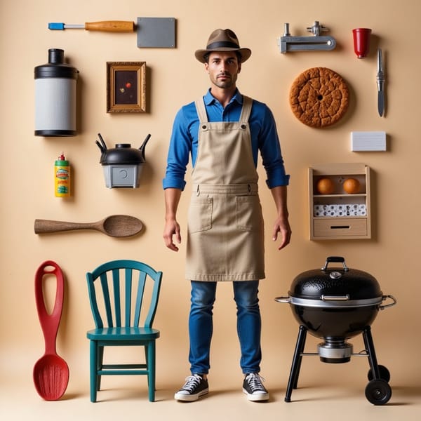 In a dad hat and apron, this figure stands near a miniature grill, tongs in hand. Accessories include: burgers, BBQ sauce bottle, cooler, and picnic table.