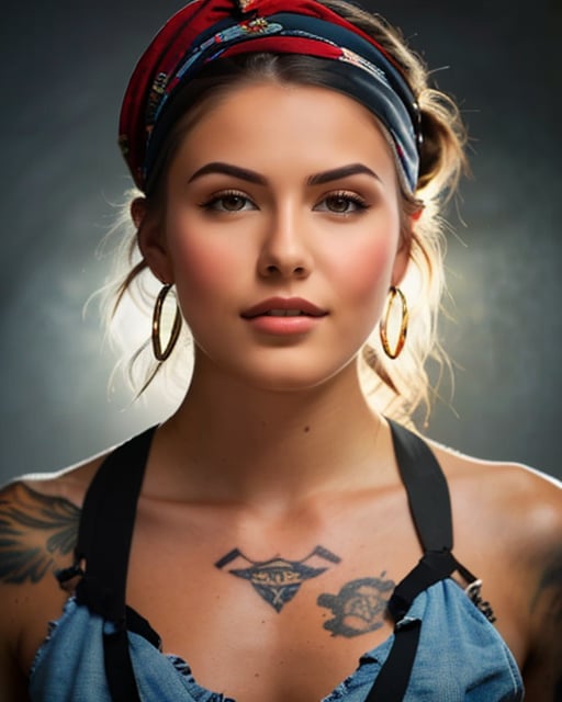 Pirate woman, wild, detailed tattoos, rugged attire, photorealistic.