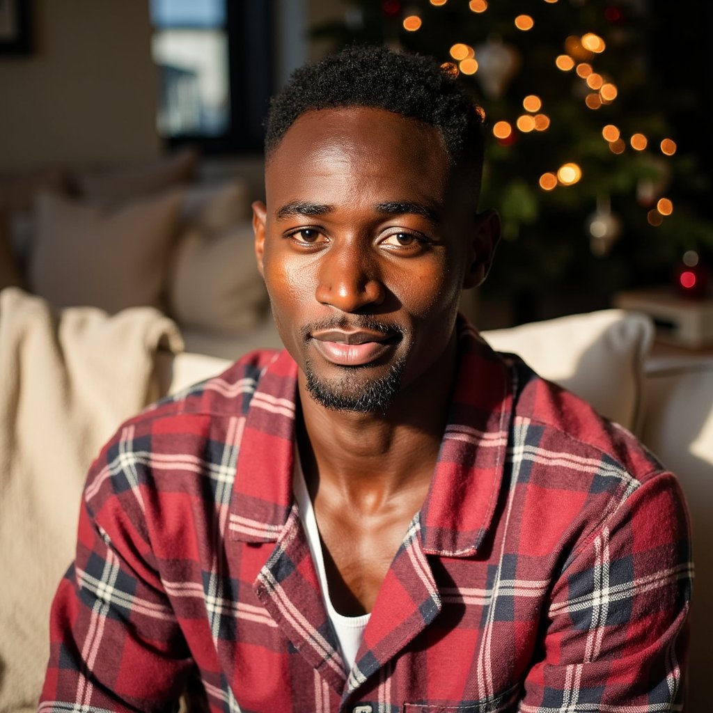 Headshot of a man seated on a sofa wrapped in a red-and-cream plaid pajama top, fabric soft and brushed with visible weave. He faces the camera directly, giving a warm relaxed expression with a slight closed-lip smile. Hair: short sides, slightly tousled top; light stubble. Lighting: warm morning window light from camera-left, with a soft fill to the right; gentle gradient shadows under jawline for depth. Background: blurred Christmas tree lights, a neutral-toned throw blanket, and a single ornament in soft bokeh; minimal clutter. Camera: 100mm macro portrait, f/2.8; highly realistic, highly detailed, HDR, especially eyes, beard texture, and plaid pattern.