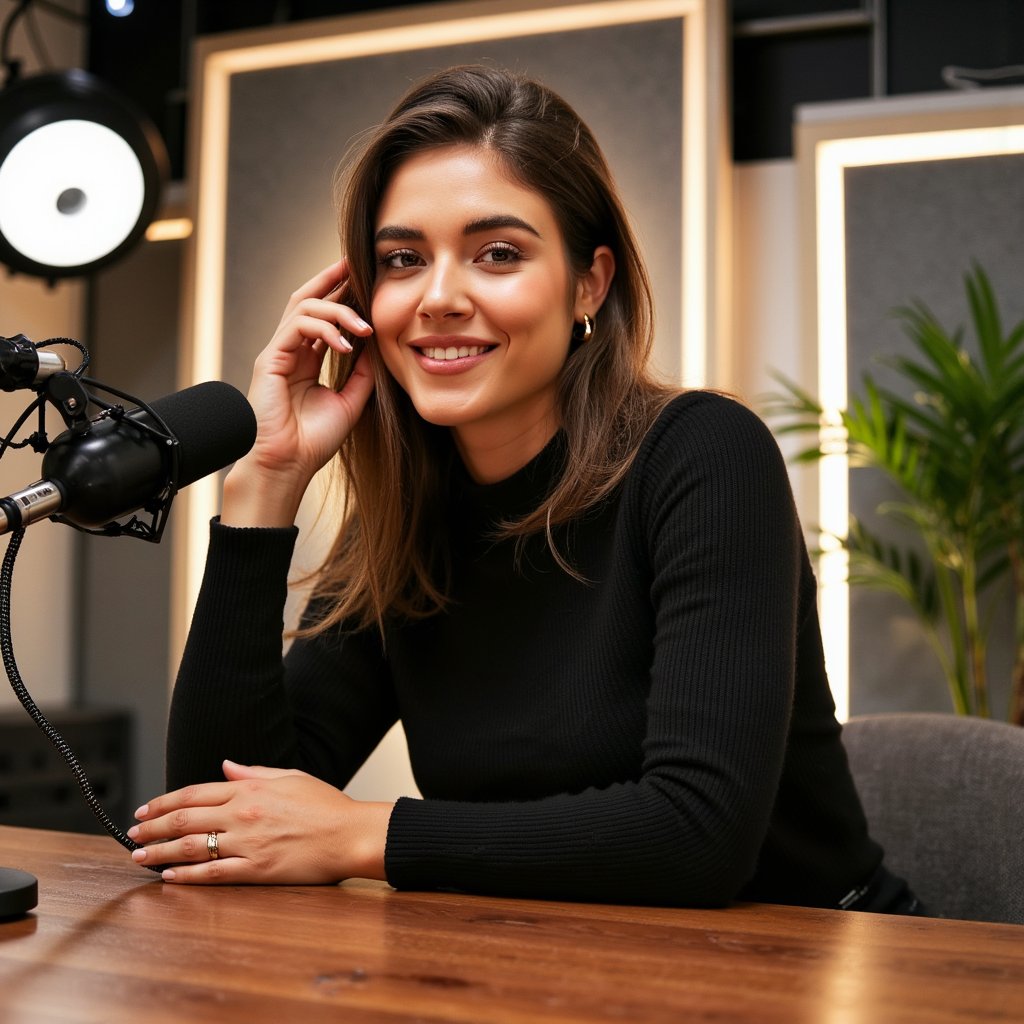 Highly detailed, highly realistic, HDR, 8k podcast host in a modern studio; camera: 50mm, f/1.8, seated three-quarter shot; lighting: ring light key + soft practical lamps behind, warm rim; pose: leaning into a broadcast mic with pop filter, elbows on walnut desk; facial detail: subtle smile lines, natural under-eye texture; attire: black crewneck knit, textured cotton; hair: shoulder-length waves, tucked behind one ear; background: acoustic panels and a single plant, softly blurred, minimal clutter; include braided XLR cable detail; color: warm tungsten with gentle falloff.