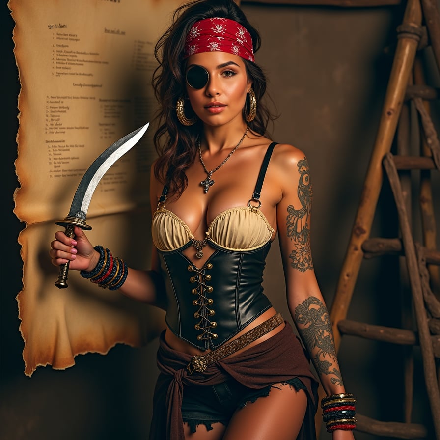 woman in a bold, provocative pirate costume, complete with a fitted corset, flowing pirate pants, and a bandana, posing seductively with a fake sword and a treasure map in the background, capturing the essence of swashbuckling adventure and pirate charm, dramatic lighting with a warm color tone, posing for a poster.