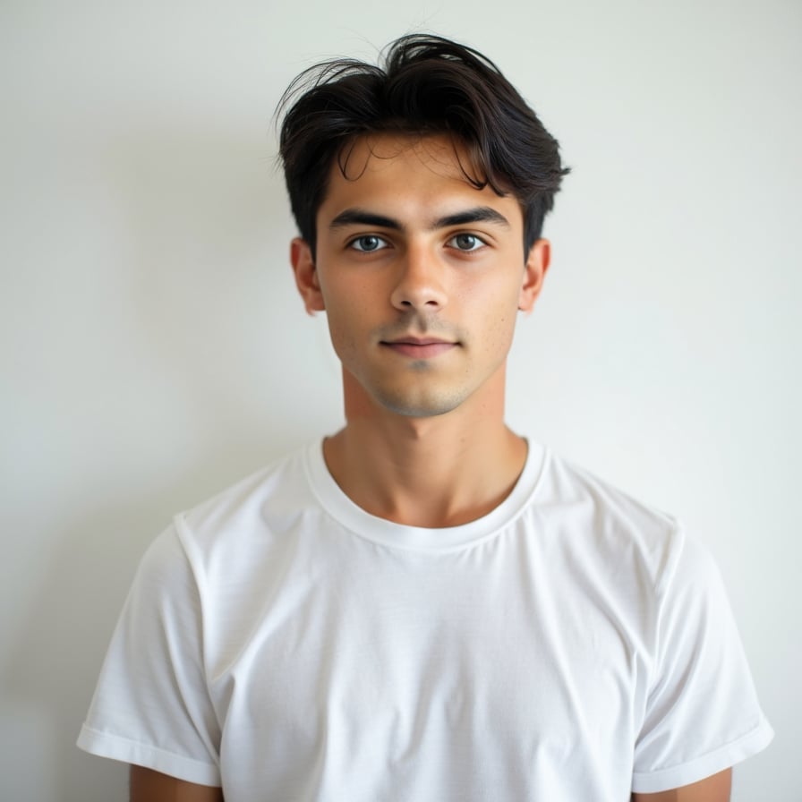 A passport-size photo of a young adult wearing a casual t-shirt, smiling subtly but neutrally. The background is plain white, and the lighting is soft and evenly distributed. The subject is centered, looking straight into the camera