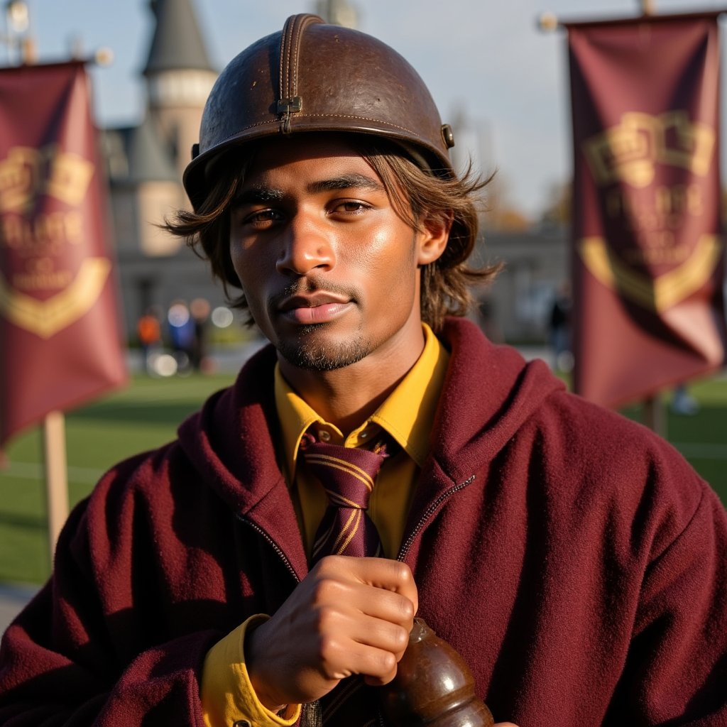 Highly detailed telephoto HDR portrait of a 17-year-old male Quidditch captain with tanned skin and a sweat sheen, strong cheekbones, and determined amber eyes, sandy-brown hair windswept beneath a weathered leather helmet with creases and cracked texture; wearing heavy maroon-and-gold wool Quidditch robes with frayed cuffs and stitched crest, leather gloves gripping a brown Quaffle with deep grain; shot on a Canon 1DX Mark III with a 135mm f/2.8 lens from slightly above eye level for intimate feel, aperture f/2.8 for compressed background; late-afternoon golden sunlight as rim light, diffused front key to preserve skin detail; background of blurred stadium banners in deep maroon and gold.