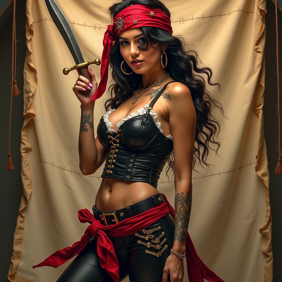 woman in a bold, provocative pirate costume, complete with a fitted corset, flowing pirate pants, and a bandana, posing seductively with a fake sword and a treasure map in the background, capturing the essence of swashbuckling adventure and pirate charm, dramatic lighting with a warm color tone, posing for a poster.